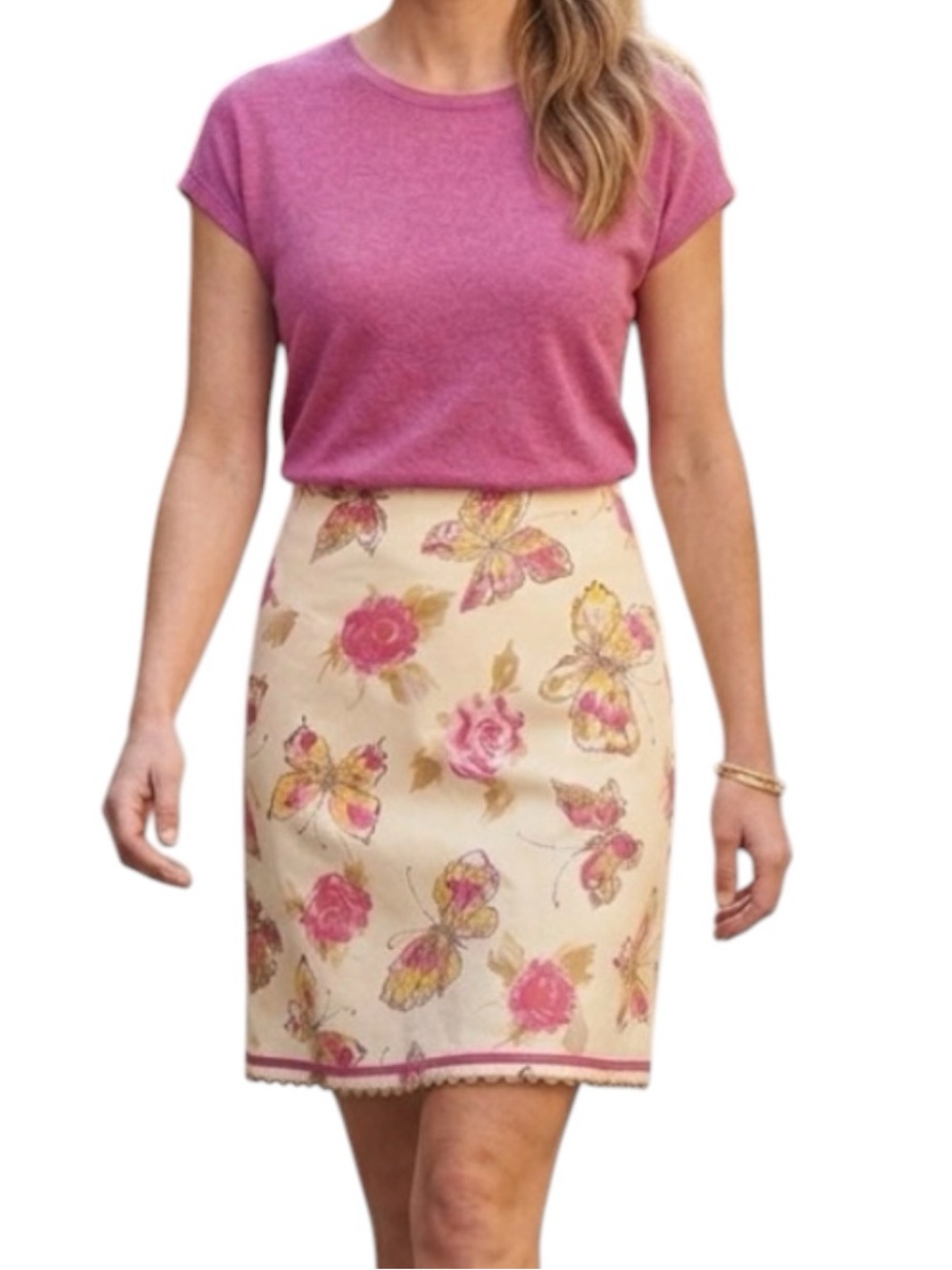 J. Jill Butterfly Floral Print Cotton Knee Length A-Line Skirt Cream Pin…